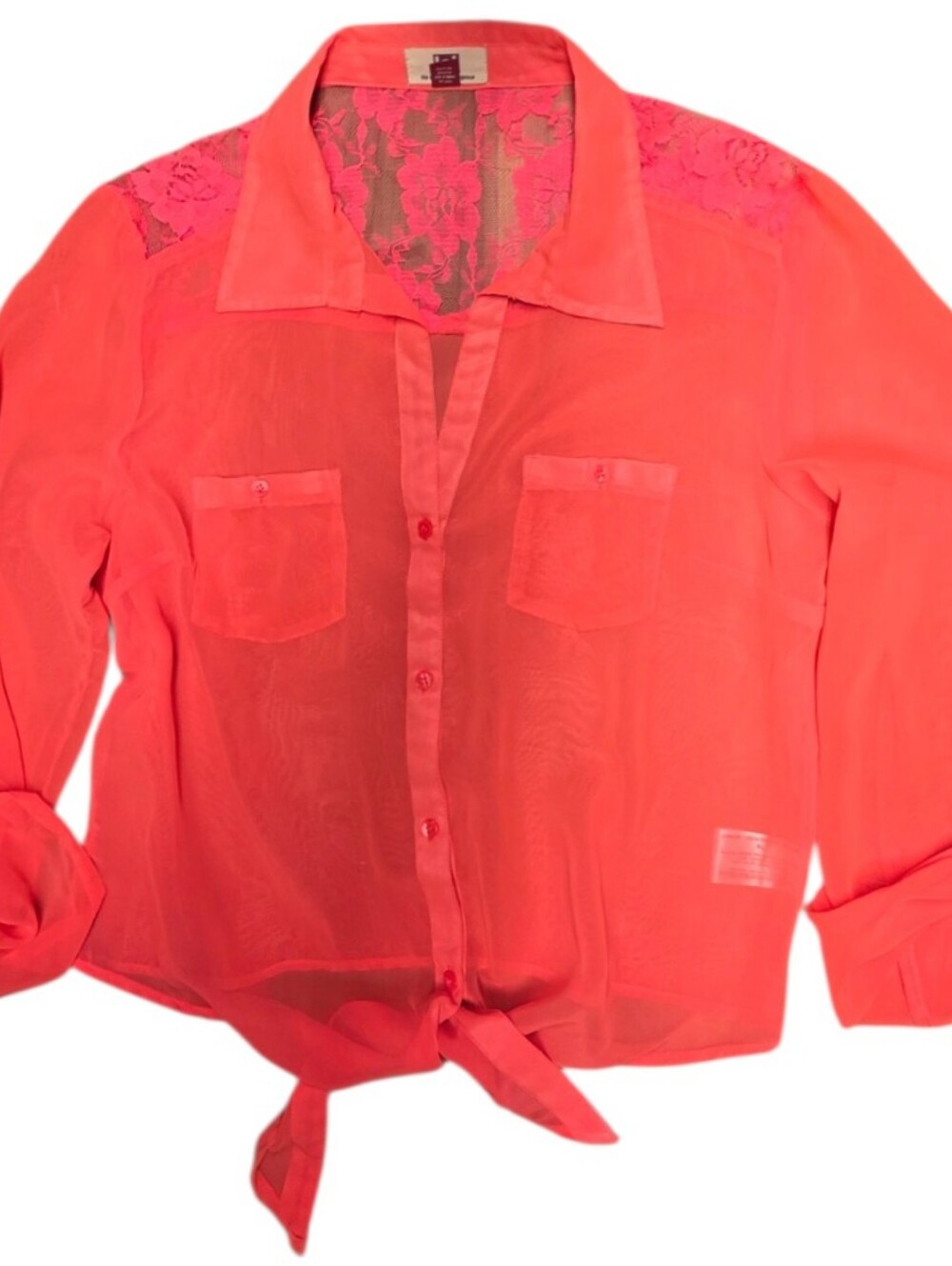 Hot Orange Sheer Lace Bottom Tie Top XL